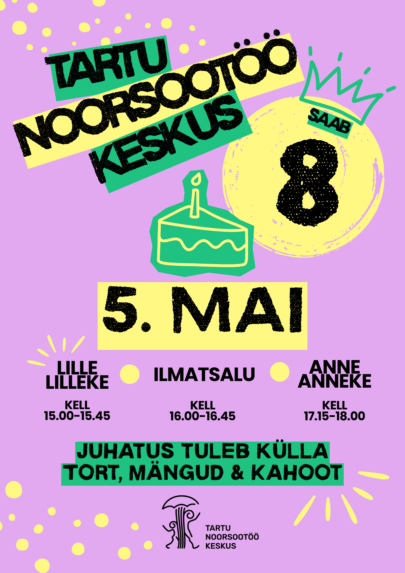 Tartu Noorsootöö Keskus saab 2. mail 2026 kaheksa aastaseks. Tähistame sünnipäeva üheskoos noortega teisipäeval, 5. mail.  Noortekeskustesse tulevad külla asutu